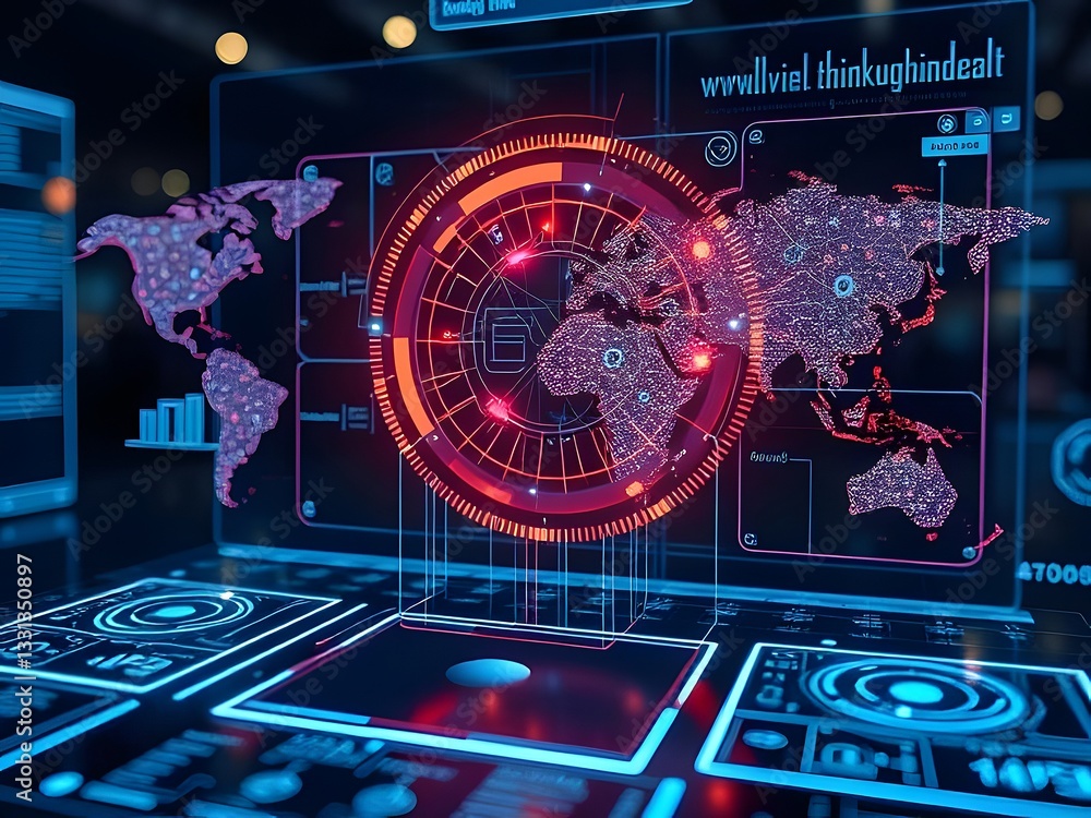 Poster futuristic cybersecurity interface global network map, data visualization, digital security, technol