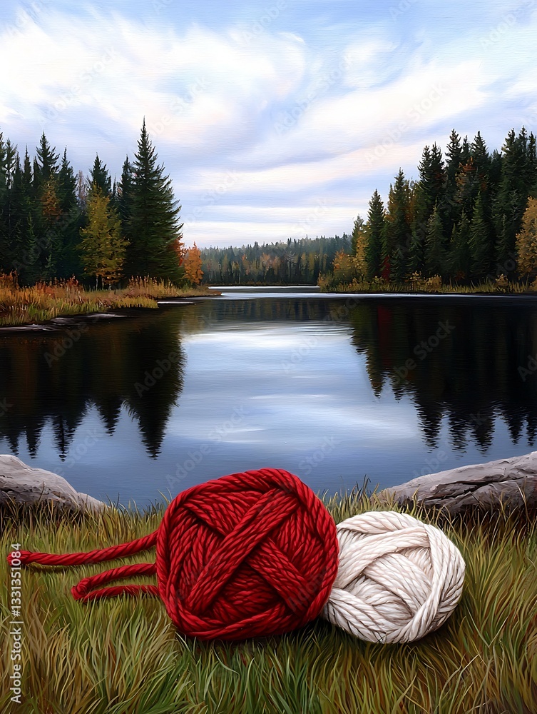 Wall mural a serene lakeside scene featuring red and white yarn balls with lush greenery and a calm water refle