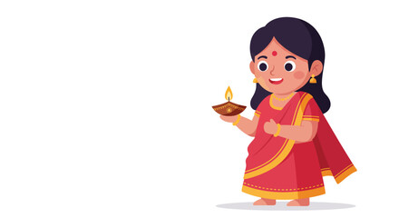 Young girl in traditional attire holding a lamp in flat vector art