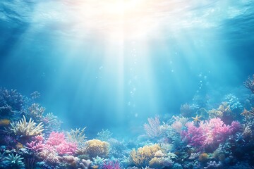 Fototapeta premium Coral reef under ocean sunlight, background bubbles, underwater view, used for travel/nature content