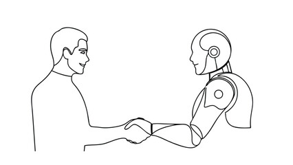 A line drawing depicts a man and a robot shaking hands, symbolizing collaboration between humans and artificial intelligence in the future. The image is simple yet powerful.
