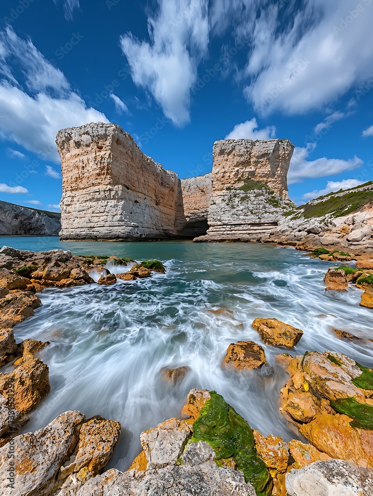 Wall mural rocky coastal landscape with towering cliffs and gently crashing waves under a bright blue sky with 