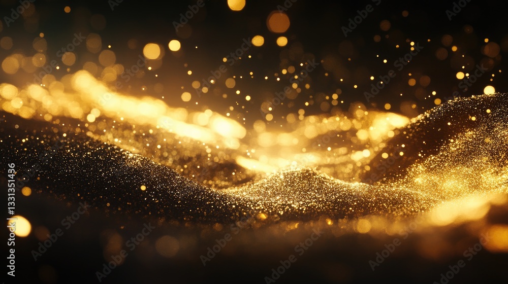 Poster captivating close-up of shimmering gold particles floating above a soft, undulating surface in a dre