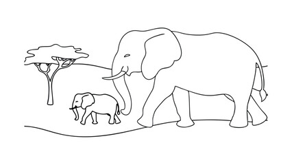 Line drawing of an adult elephant and its calf, standing in a simple savanna landscape with a single acacia tree. Black outlines on white background.