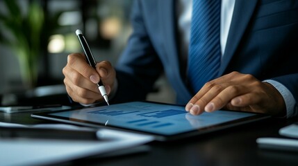 Close-up of businessman's hands using stylus on tablet, reviewing graphs and charts.