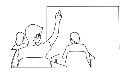 Line drawing depicts a classroom setting. One student raises their hand, seemingly to ask a question. Two other students are seated at desks in front of a blank whiteboard.