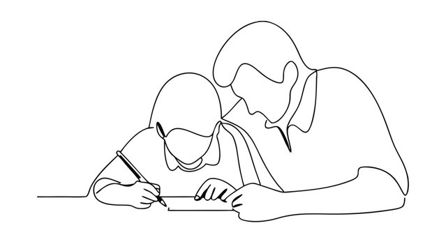 A singleline drawing depicts a father guiding his child while they write or draw at a table. The image symbolizes education, support, and family bonding.