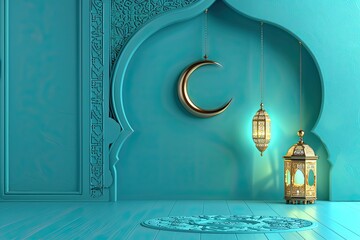 Aqua themed islamic background with crescent moon and illuminated lanterns