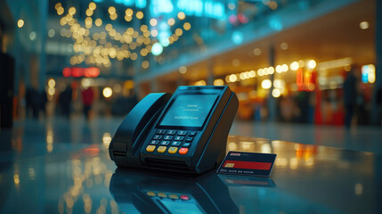 Close-up of a POS terminal with a credit card on a counter in a shopping mall. Concept of digital transactions, contactless payment, financial security, modern retail, and cashless economy
