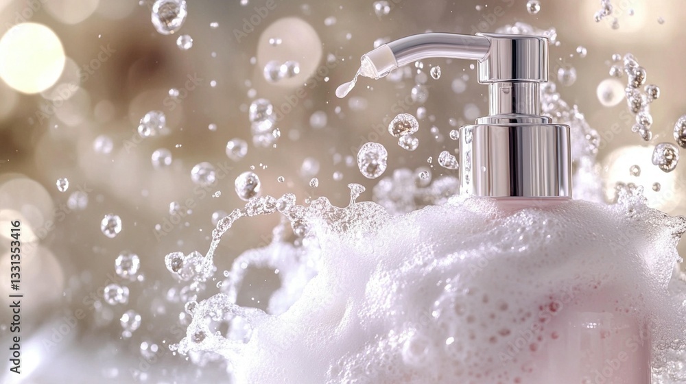 Poster close-up of soap dispenser with splashing foam and water droplets against a bokeh background.