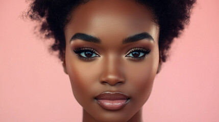 Fototapeta premium A striking close-up of a Black CEO with flawless, radiant skin and bold, defined brows. Her deep, captivating gaze and glossy lips exude power and confidence against a soft pink background.