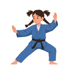 Young girl practicing martial arts in a dynamic pose, flat design vector illustration
