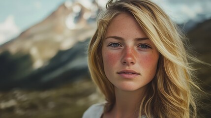 Fototapeta premium Confident young woman with blonde hair and freckles posed against majestic mountain landscape