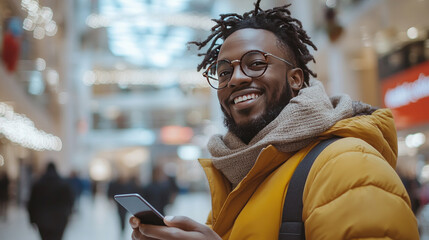 A cheerful African American man in a stylish yellow jacket using his smartphone in a shopping mall. Concept of digital payments, modern lifestyle, and urban shopping. Copy space, banner.