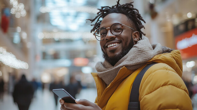 A cheerful African American man in a stylish yellow jacket using his smartphone in a shopping mall. Concept of digital payments, modern lifestyle, and urban shopping. Copy space, banner.