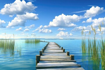 Obraz premium Serene Lakeside Escape A Wooden Dock Leads to Azure Waters Under a Cloud-Dotted Sky