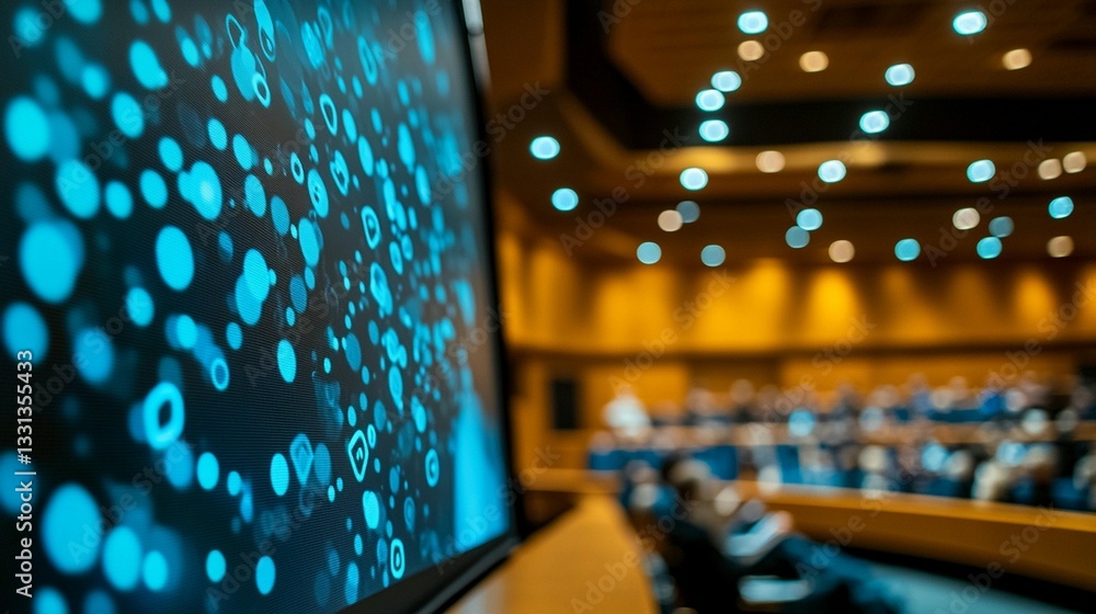 Poster conference hall with screen displaying abstract data.