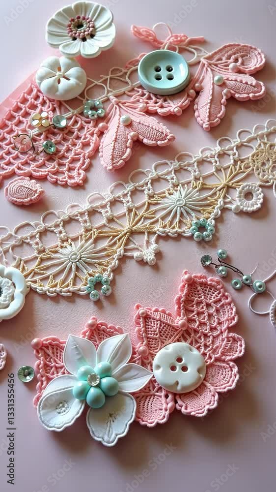 Poster a pink fabric with white flowers and buttons on it. the flowers are made of lace and the buttons are