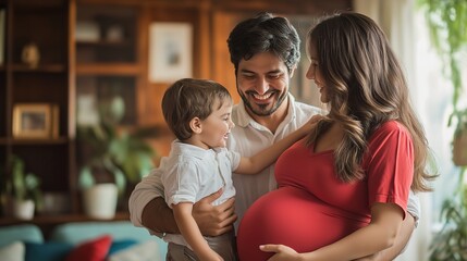 Handsome man with his wife and children touching the belly of their pregnant wife at home, happy family anticipation concept