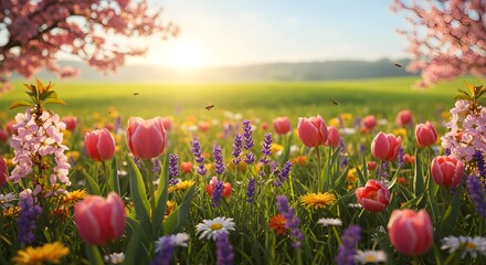Vibrant Spring Blooming Flowers in a Sunlit Meadow