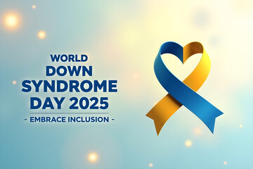 A banner image created for world down syndrome day 2025 with blue and yellow ribbons