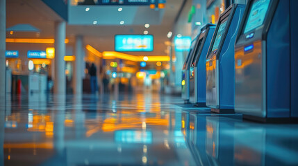 Modern ATM machine in a shopping mall with bright blue lighting. Concept of banking services, cash withdrawal, digital finance, financial security, and convenient self-service.