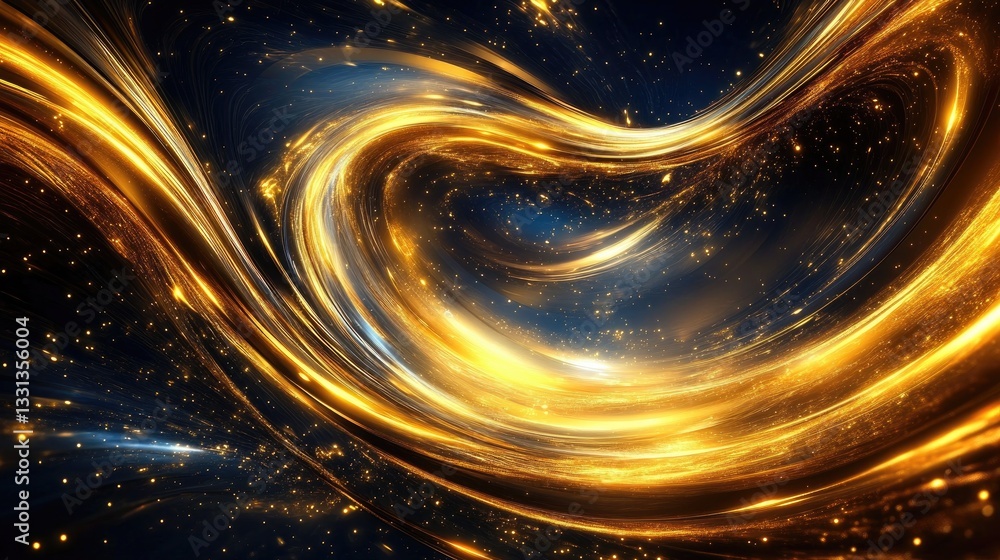 Poster swirling golden light abstract background with sparkles and dynamic movement in a dark blue space