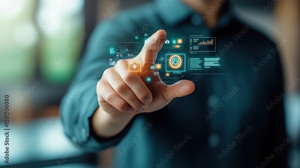 Poster Businessman Touching Digital Interface with Graphs and Icons in Modern Office Setting