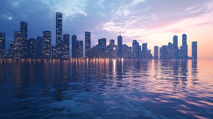 Fototapeta premium Coastal city skyline glowing during twilight with reflections high resolution picture