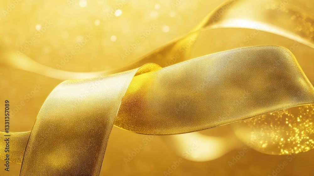 Poster shimmering gold ribbon floating gracefully in a soft dreamy background of glimmering light and bokeh