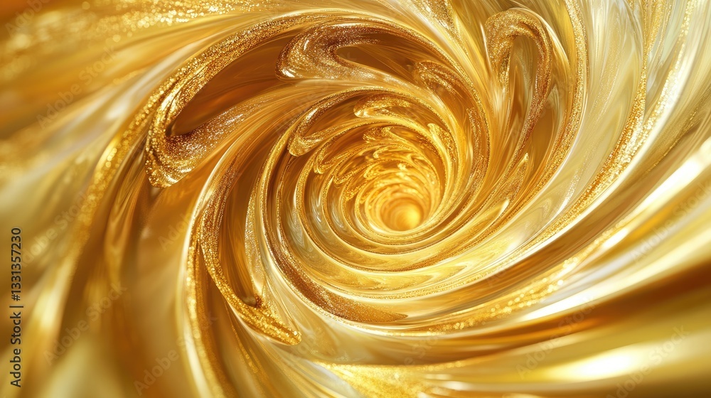 Poster swirling gold abstract background with fluid motion and shimmering texture in spiraling design