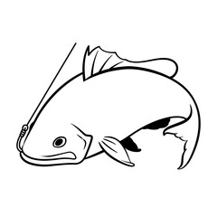 Graphic of a fish caught on a hook, Fishing illustration drawn with black lines on white background.