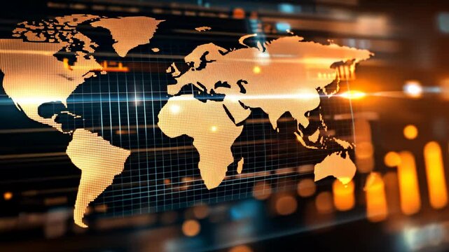 abstract background futuristic neon light glow light trail, digital board with world map and chart