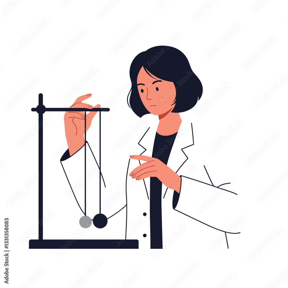 Poster scientist conducting an experiment with pendulum motion in flat vector illustration