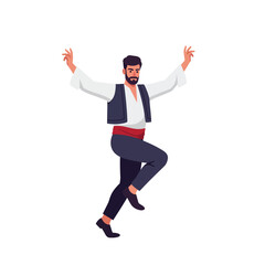 Traditional male dancer performing lively movements in flat vector illustration