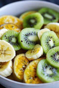 Healthy bowl of banana, passion fruit, and kiwi fruit salad, fresh and colorful