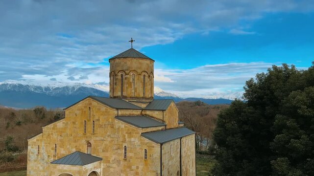MOKVA, Eastern Abkhazia - 4.01.2025: Mokva Cathedral of the Assumption of the Blessed Virgin Mary. Christianity. Holy places. An ancient church built in the 10th century. A Christian shrine.