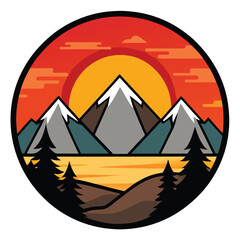 Obraz premium Vector a sunset over mountains with simple design flat colors on a circular shape