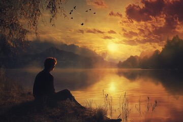 A young man sits on the shore of a lake, enjoying the sunset while gazing at the water. This scene evokes a sense of meditation and contemplation