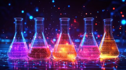 Colorful Erlenmeyer Flasks on Futuristic Lab Bench. Abstract Particles in Background. Stock Image for Science Education