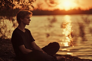 A young man sits on the shore of a lake, enjoying the sunset while gazing at the water. This scene evokes a sense of meditation and contemplation