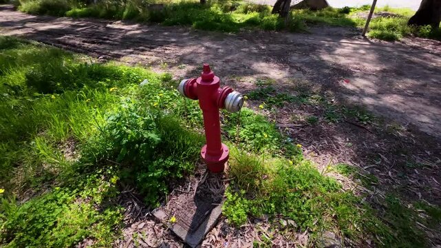Red fire hydrant in a green park near a dirt road