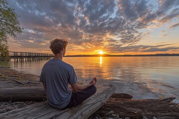 A young man sits on the shore of a lake, enjoying the sunset while gazing at the water. This scene evokes a sense of meditation and contemplation