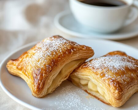 Delicious puff pastry filled with creamy custard and dusted with powdered sugar, served with a cup of coffee on a soft fabric tablecloth