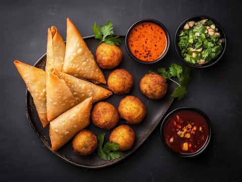 Delicious Samosas and Crispy Snacks with Dips on Dark Background for Culinary Delights and Food Photography Presentation