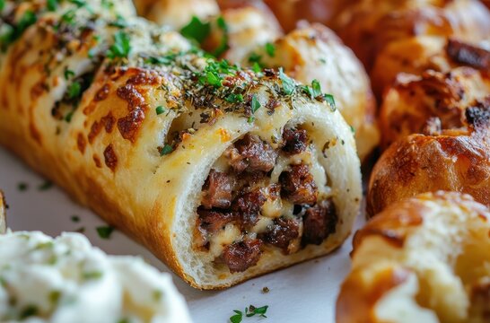Delicious Savory Bread Roll Filled with Juicy Meat and Cheese Surrounded by Appetizing Breads in an Irresistible Culinary Display