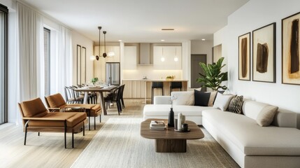 Fototapeta premium Bright and airy open-concept living and dining space featuring stylish furnishings, warm wooden flooring, and tasteful decorative accents.