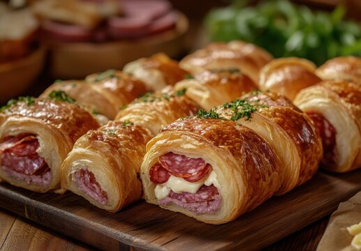 Delicious Savory Pastries with Salami and Cheese Wrapped in Flaky Golden Croissant Dough on Wooden Board in a Rustic Kitchen Setting