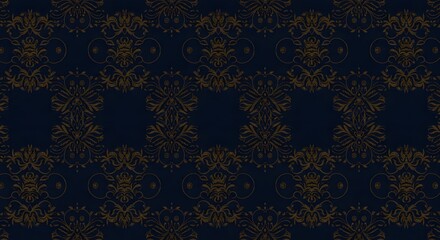 Luxury dark navy blue background with intricate golden floral accents, seamless pattern.