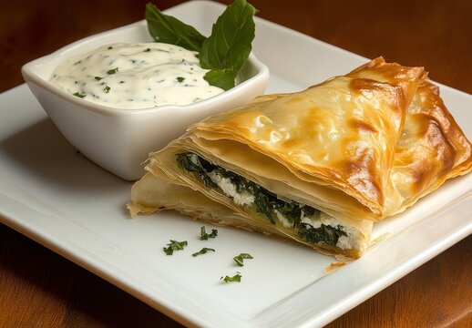 Delicious Spinach and Cheese Pastry Served with Creamy Dip on a White Plate with Fresh Herbs on Wooden Table